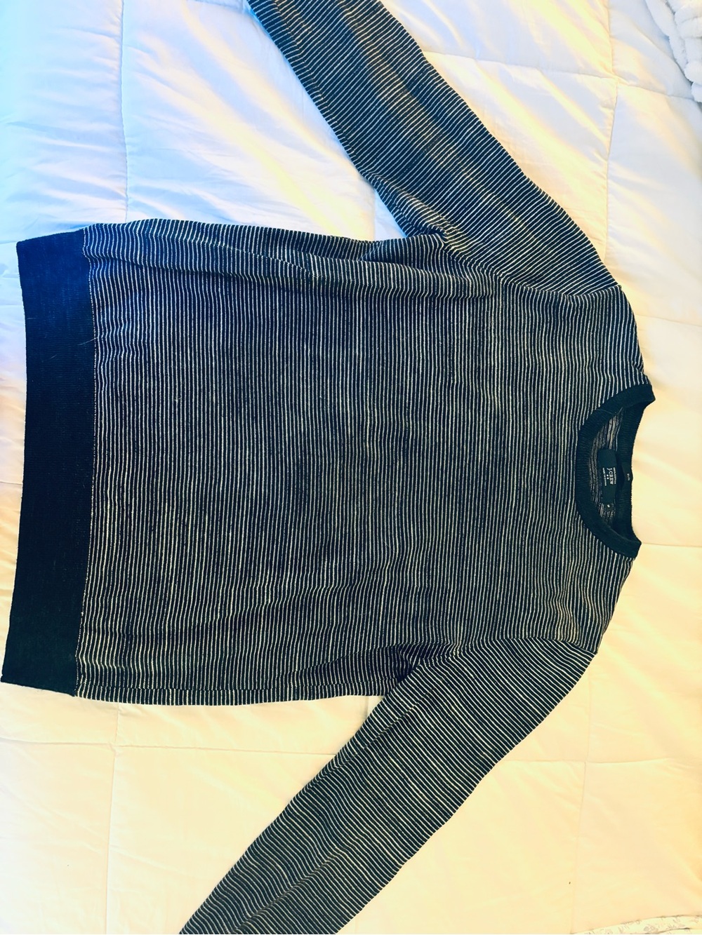 J. Crew Navy and White Thin-Stripe Crewneck Sweater